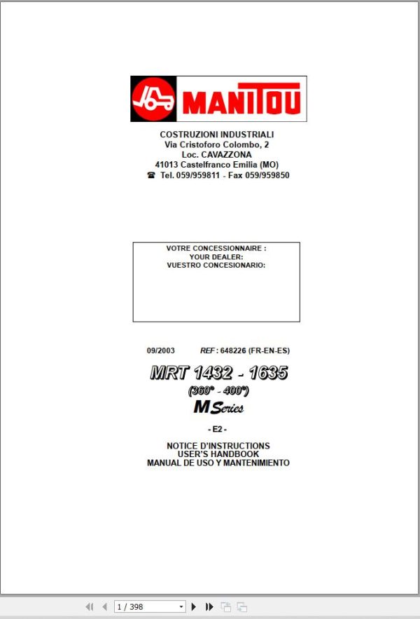 Manitou MRT1432 M Series E2 MRT1635 M Series E2 Operator Manual 648226