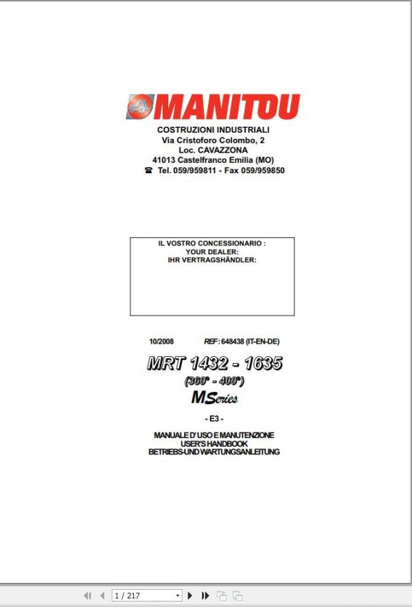 Manitou MRT1432 M Series E3 MRT1635 M Series E3 Operator Manual 648438