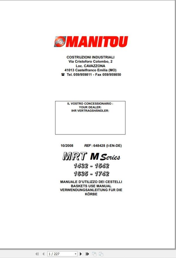 Manitou MRT1432 M Series to MRT1742 M Series Operator Manual 648428