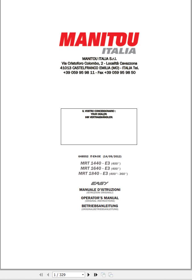 Manitou MRT1440 E3 400° to MRT1840 E3 400° 360° Operator Manual 648552