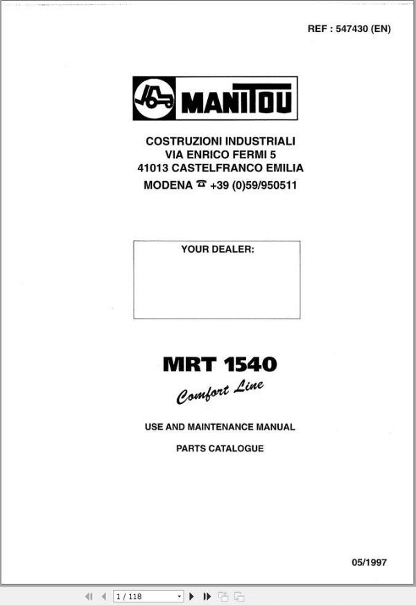 Manitou MRT1540 Comfort line User Maintenance Parts Manual 547430