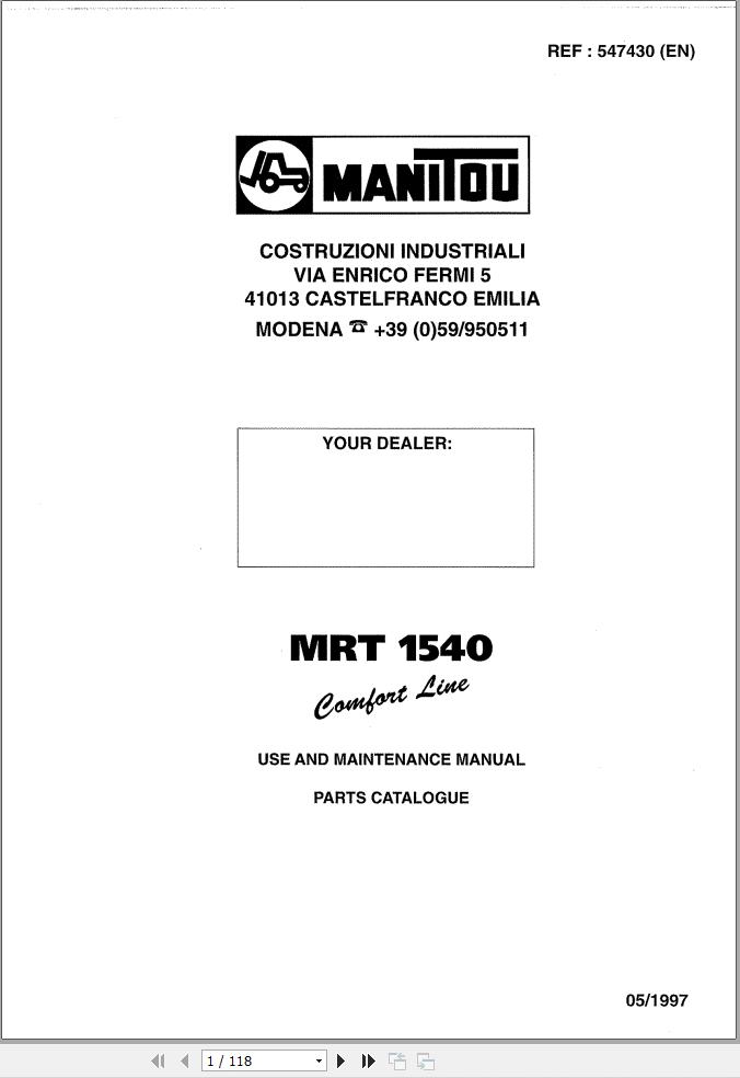 Manitou MRT1540 Comfort line User Maintenance Parts Manual 547430