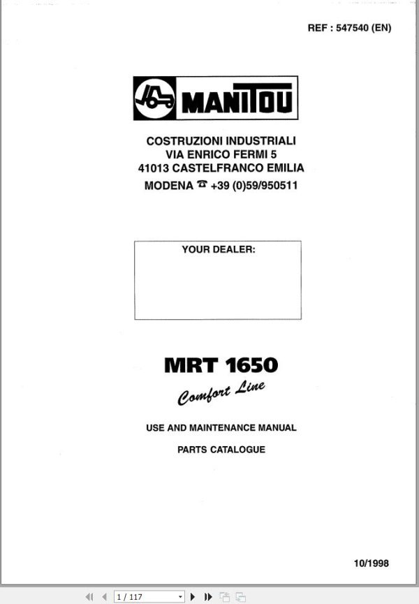 Manitou MRT1650 Comfort Line User Maintenance Parts Manual 547540