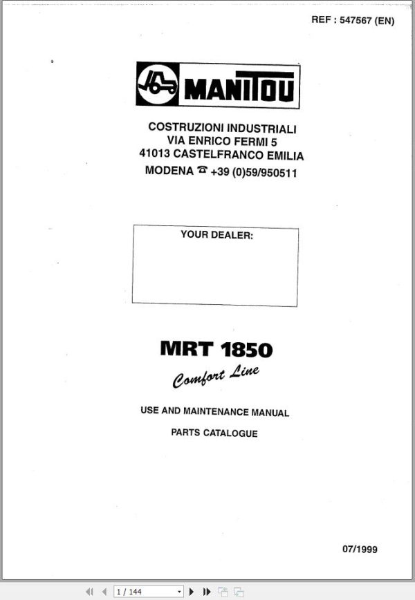 Manitou MRT1850 Comfort Line User Maintenance Parts Manual 547567