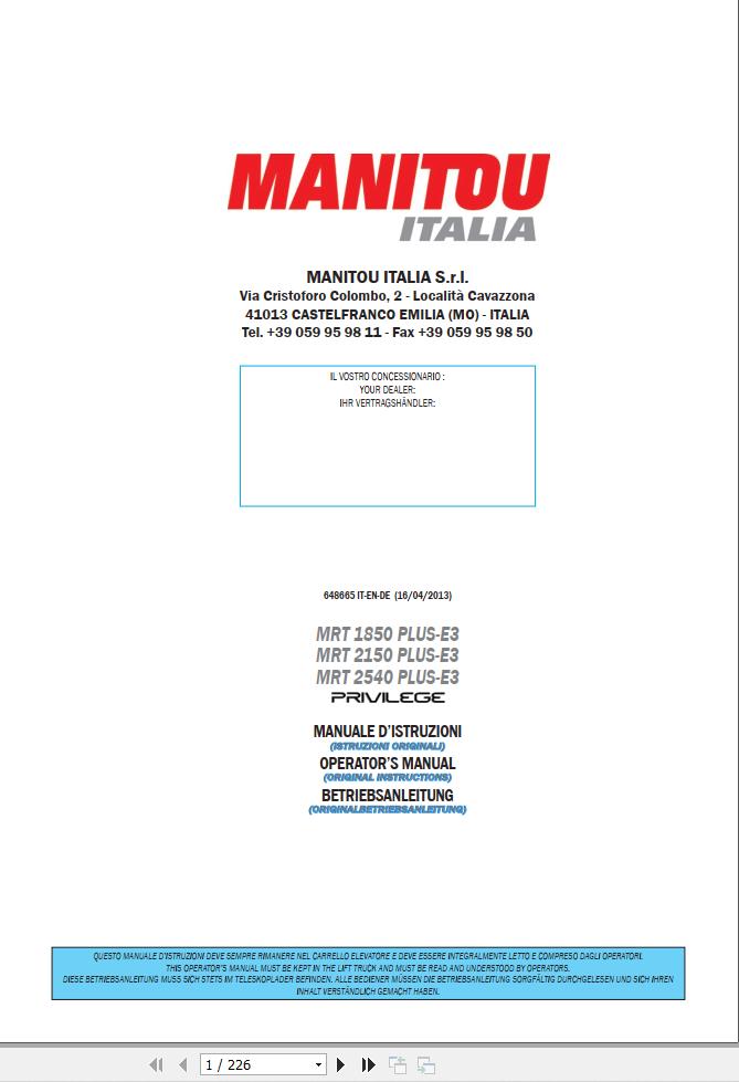 Manitou MRT1850 to MRT2540 PLUS E3 Privilege Operator Manual 648665