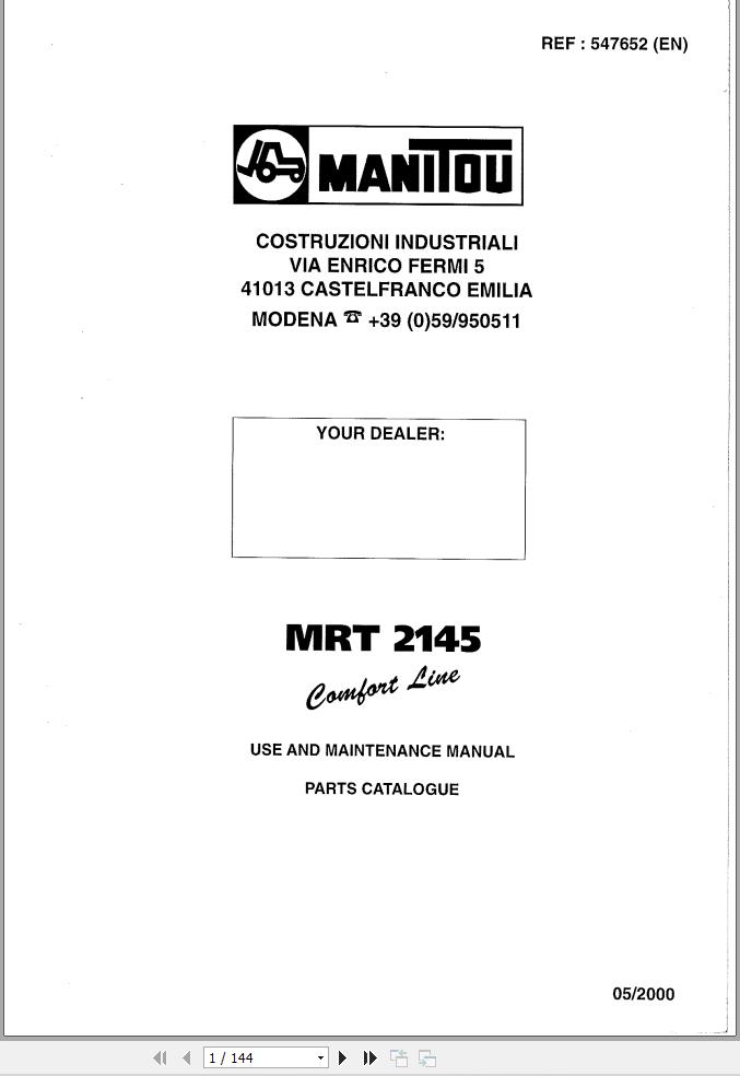 Manitou MRT2145 Comfort Line User Maintenance Parts Manual 547652