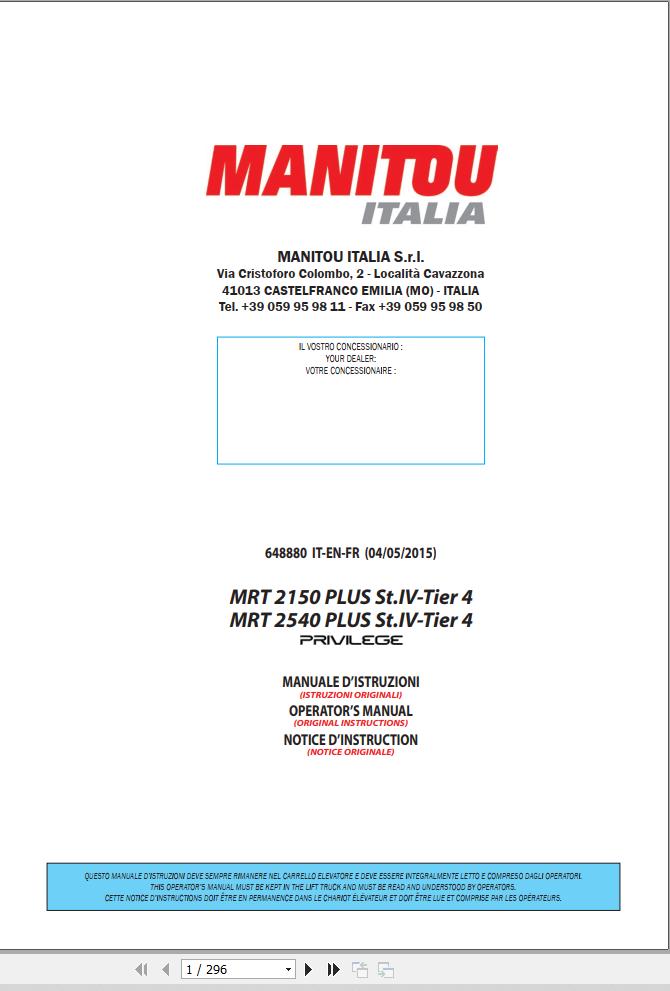 Manitou MRT2150 MRT2540 PLUS St.IV Tier 4 Privilege Operator Manual 648880
