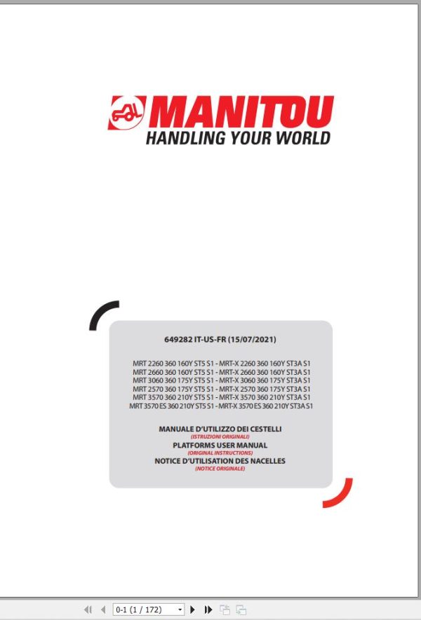 Manitou MRT2260360160YST5S1 To MRT X3570ES360210YST3AS1 Operator Manual 649282