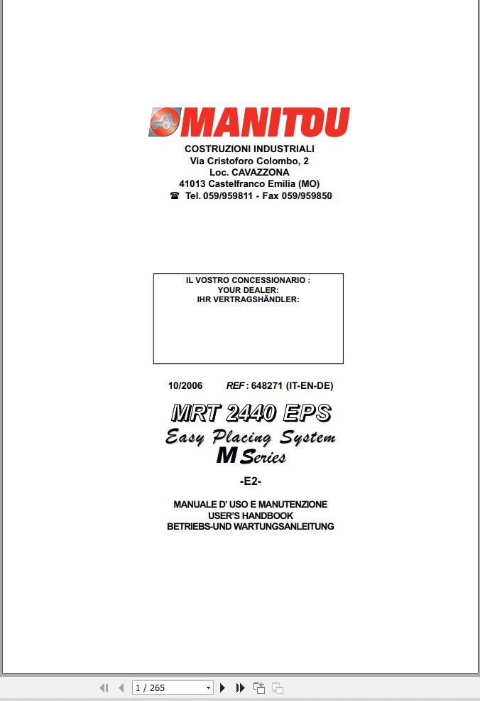 Manitou MRT2440 EPS M Series E2 Easy Placing System Operator Manual 648271