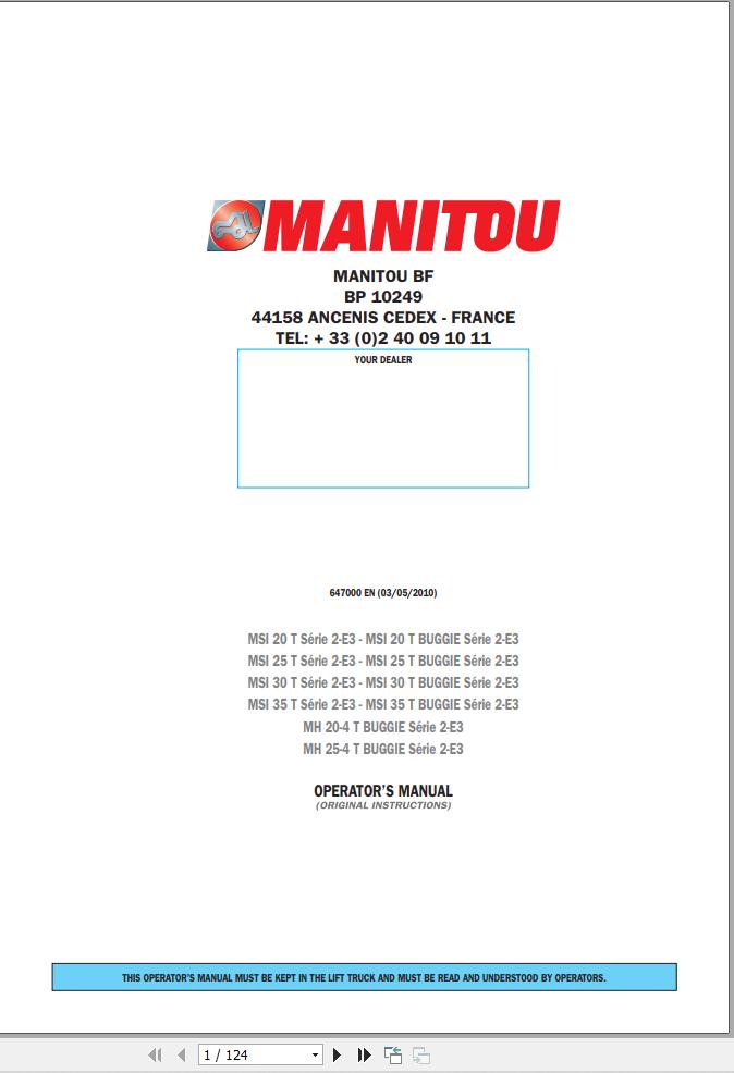 Manitou MSI20T To MH25 4T BUGGIE Series2 E3 Operator Manual 647000 EN