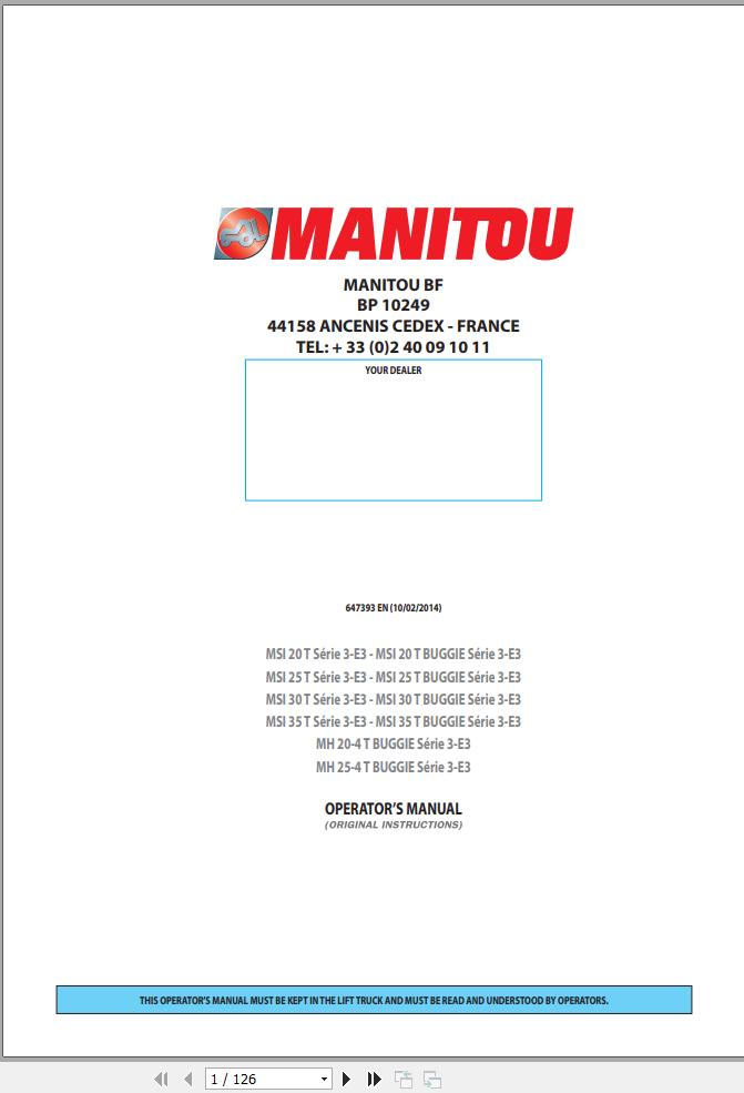 Manitou MSI20T To MH25 4T BUGGIE Series3 E3 Operator Manual 647393 EN
