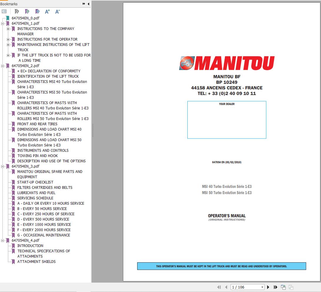 Manitou MSI40 MSI50 Turbo Evolution S1E3 Operator Manual 647054
