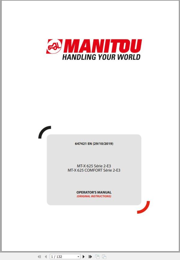 Manitou MT X625 Series 2 E3 MT X625 Comfort Series 2 E3 Operator Manual 647421