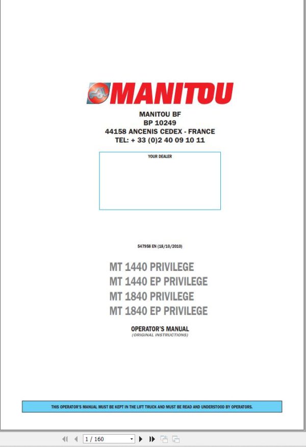 Manitou MT1440 Privilege to MT1840EP Privilege Operator Manual 547958