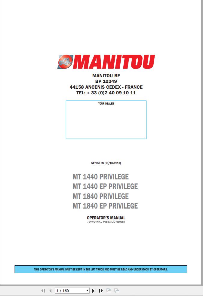 Manitou MT1440 Privilege to MT1840EP Privilege Operator Manual 547958