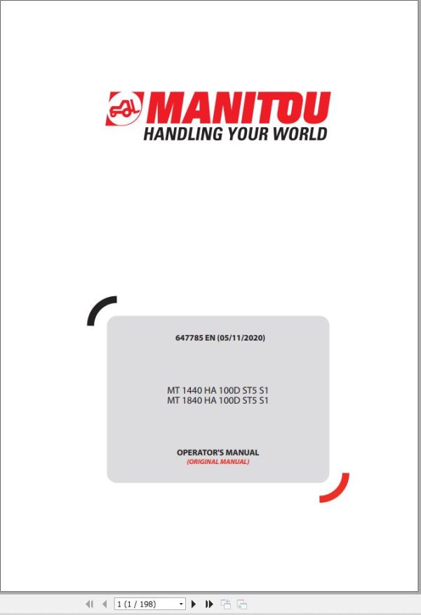 Manitou MT1440HA100DST5S1 MT1840HA100DST5S1 Operators Manual 647785