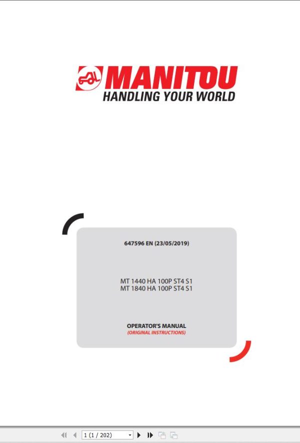 Manitou MT1440HA100PST4S1 MT1840HA100PST4S1 Operators Manual 647596