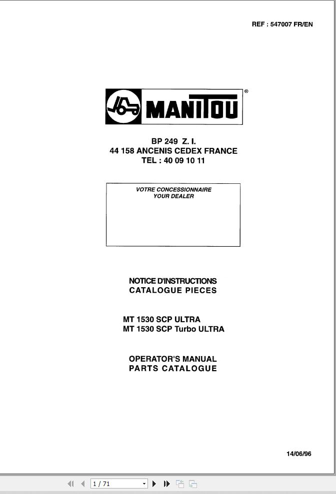 Manitou MT1530SCP Ultra MT1530SCP Turbo Ultra Operator Parts Manual 547007