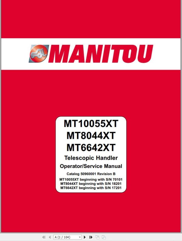 Manitou MT6642XT MT8044XT MT10055XT Operator Service Manual 50960001B