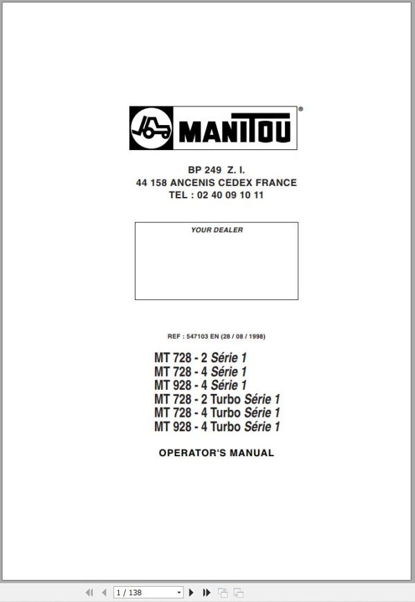 Manitou MT728 2 Series 1 To MT928 4 Turbo Series 1 Operator Manual 547103