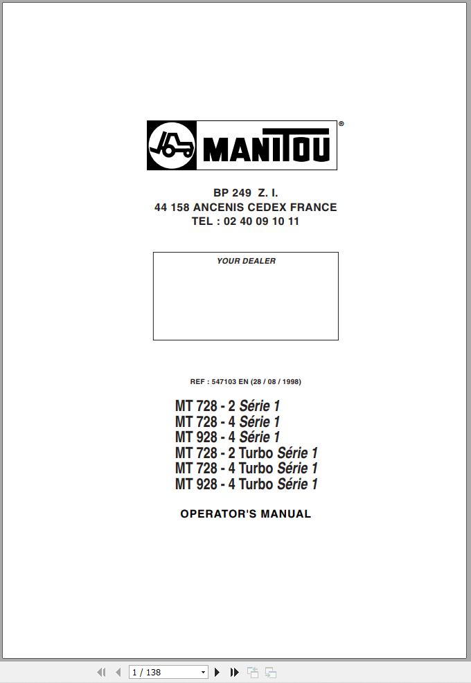 Manitou MT728 2 Series 1 To MT928 4 Turbo Series 1 Operator Manual 547103