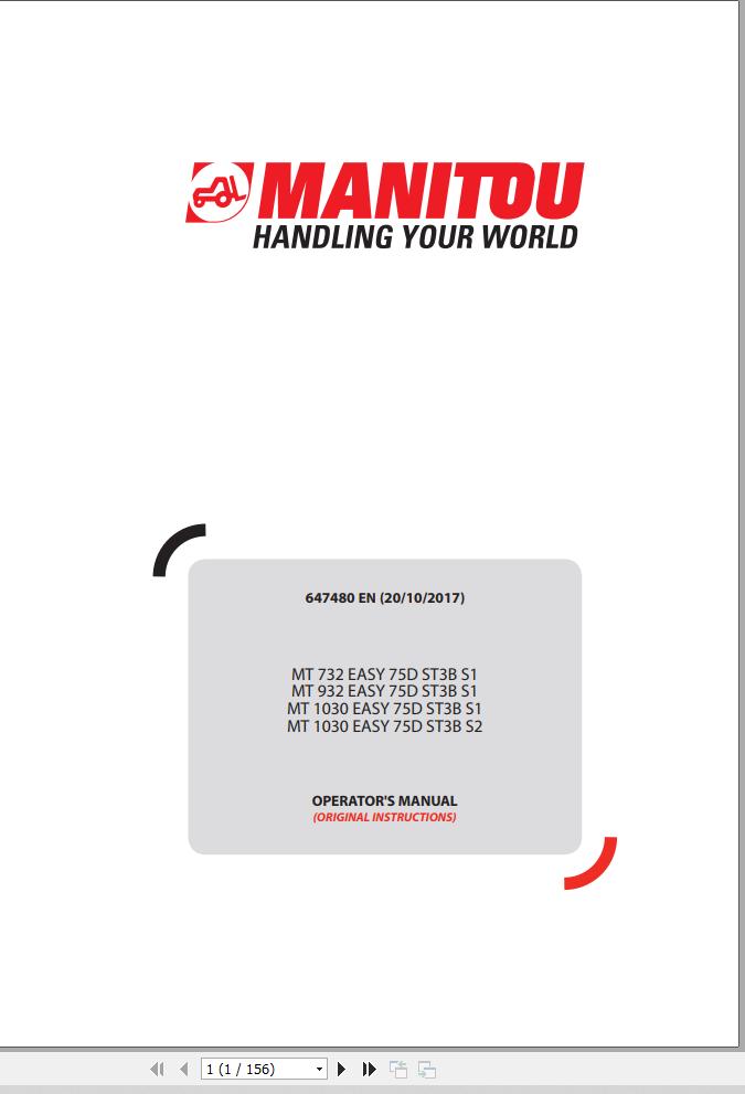 Manitou MT732 Easy 75DST3BS1 To MT1030 Easy 75DST3BS2 Operator Manual 647480