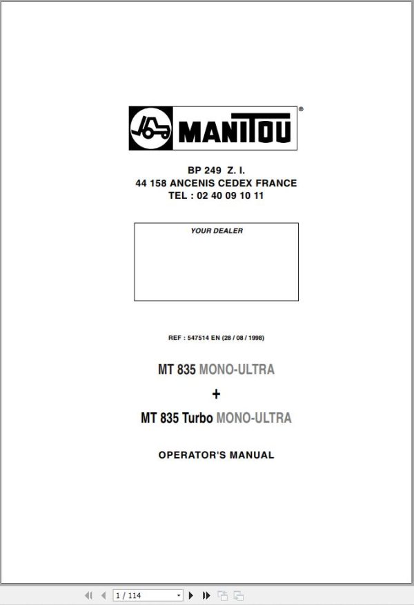 Manitou MT835 Mono Ultra MT835 Turbo Mono Ultra Operator Manual 547514