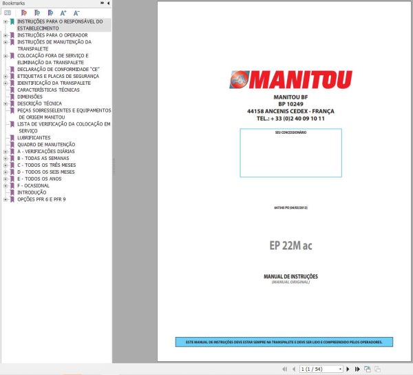 Manitou Pallet Truck EP22Mac Instructions Manual 647345 PT