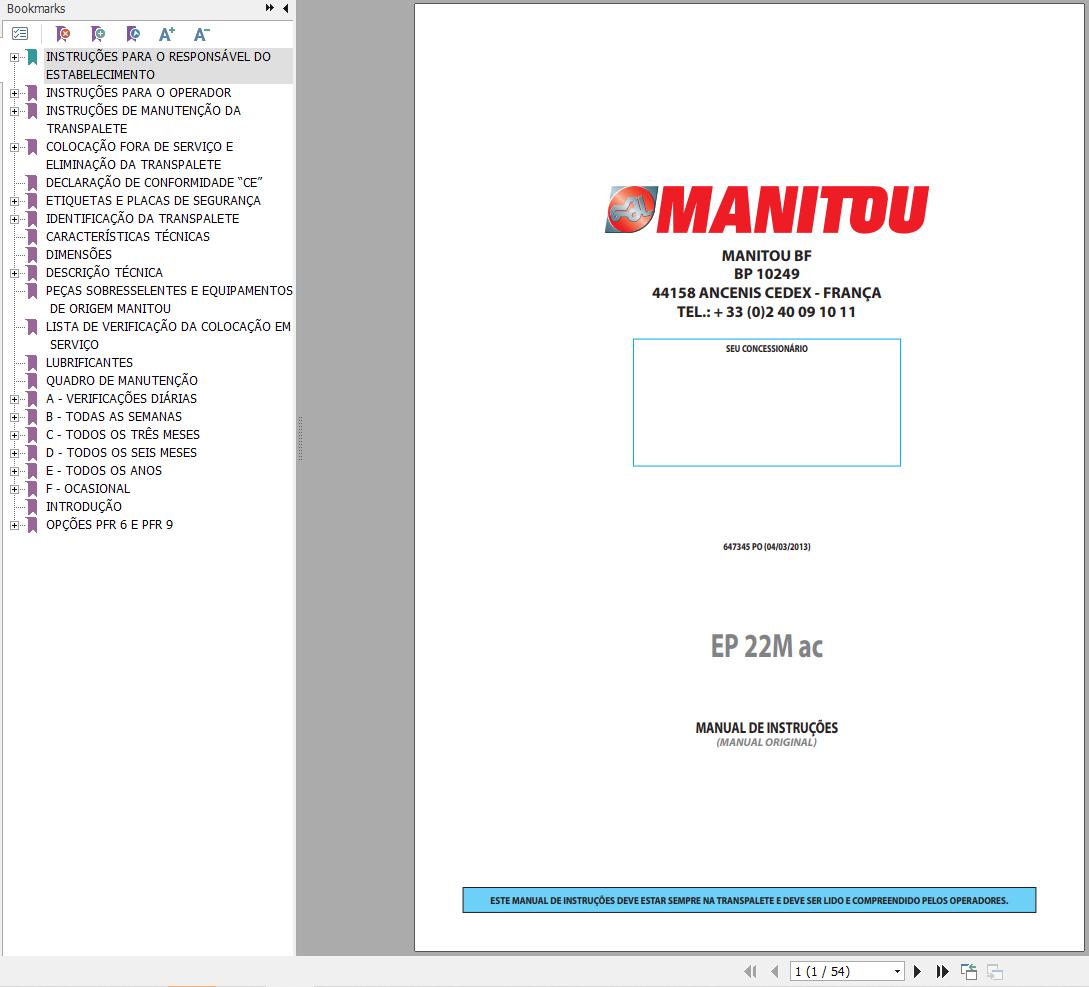 Manitou Pallet Truck EP22Mac Instructions Manual 647345 PT