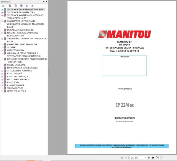 Manitou Pallet Truck EP22Mac Operator Manual 647345 PL