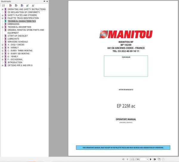 Manitou Pallet Truck EP22Mac Operators Manual 647345