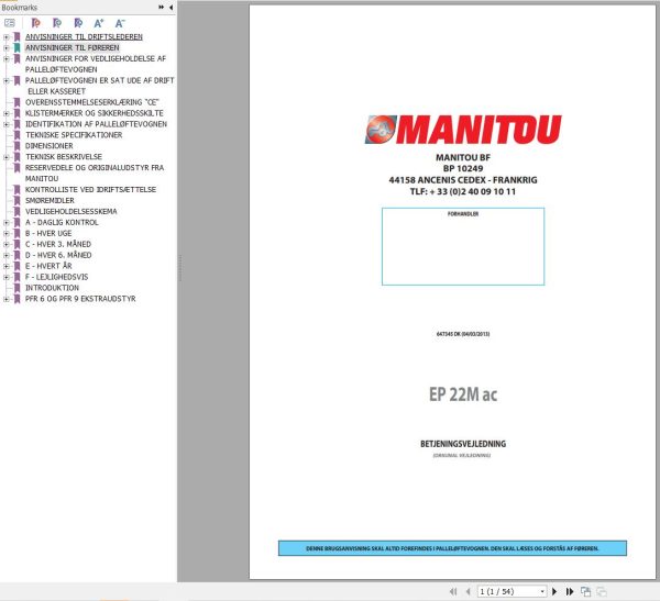 Manitou Pallet Truck EP22Mac Operators Manual 647345 DK