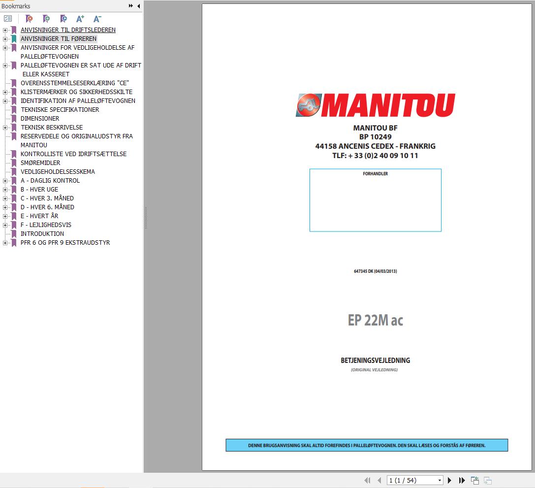 Manitou Pallet Truck EP22Mac Operators Manual 647345 DK