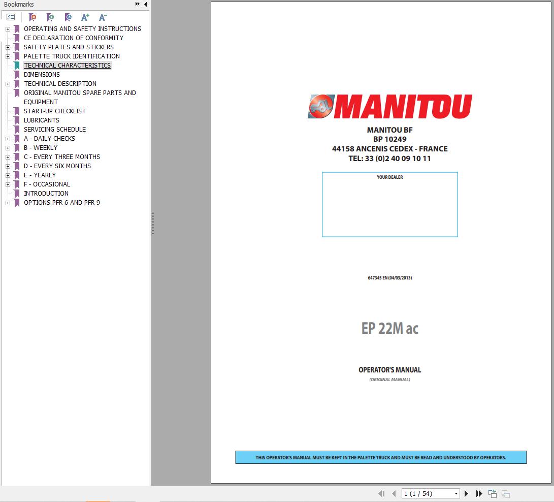 Manitou Pallet Truck EP22Mac Operators Manual 647345