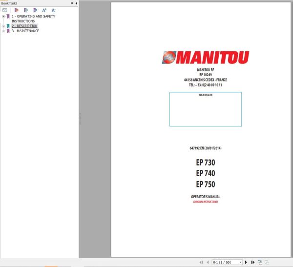 Manitou Pallet Truck EP730 EP740 EP750 Operators Manual 647192