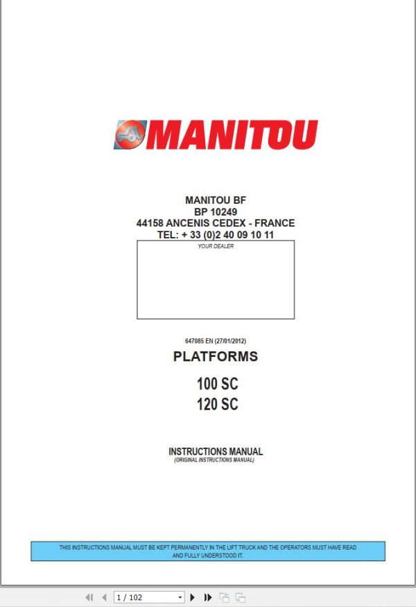 Manitou Platform 100SC 120SC Instructions Manual 647085