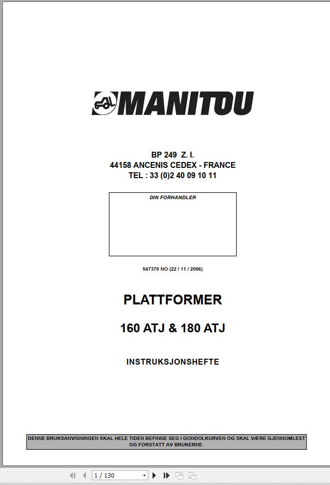 Manitou Platform 160ATJ 180ATJ Instruction Hand Book 547370 NO