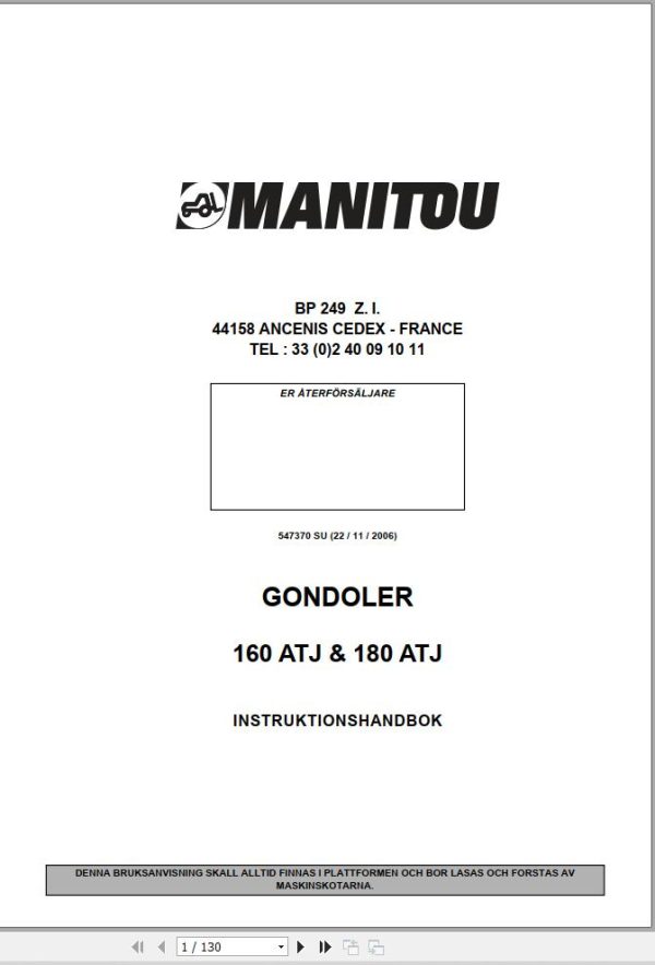 Manitou Platform 160ATJ 180ATJ Instruction Hand Book 547370 SV