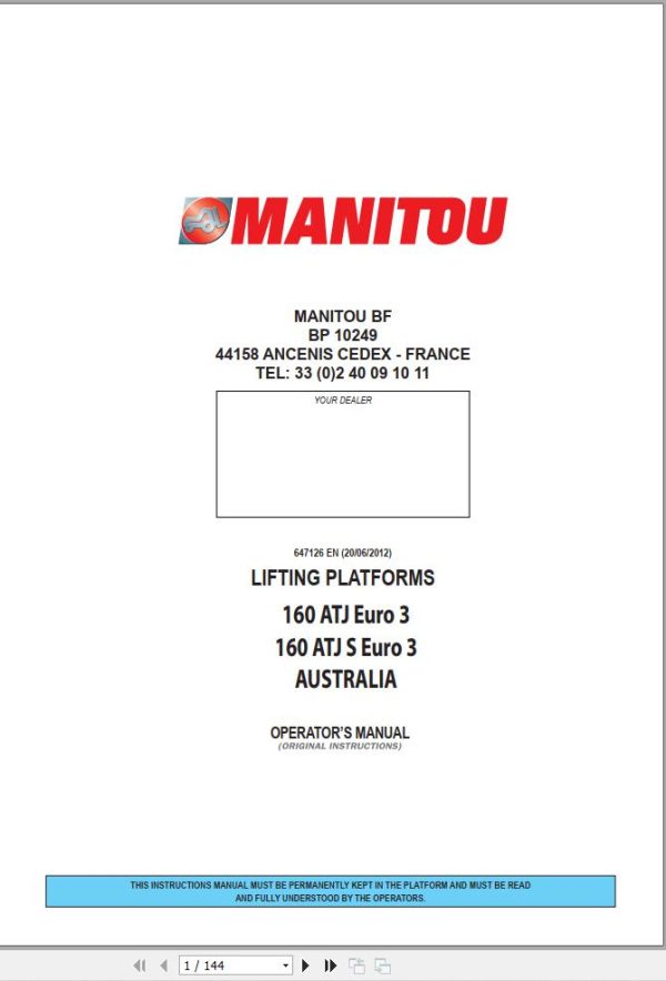 Manitou Platform 160ATJ Euro3 160ATJS Euro3 Operators Manual 647126