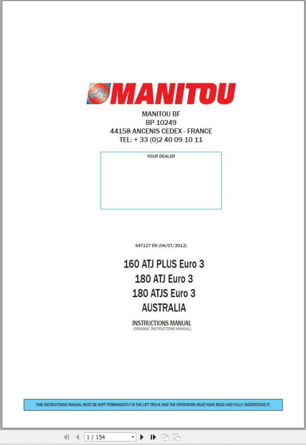 Manitou Platform 160ATJ PLUS Euro3 to 180ATJS Euro3 Instruction Manual 647127