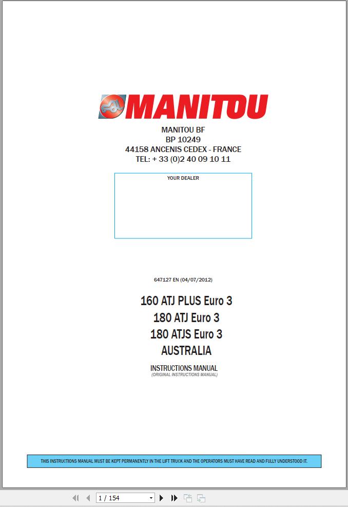Manitou Platform 160ATJ PLUS Euro3 to 180ATJS Euro3 Instruction Manual 647127