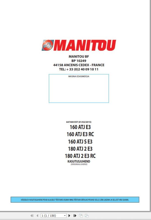Manitou Platform 160ATJE3 to 180ATJ2E3RC Operators Manual 647400 ET