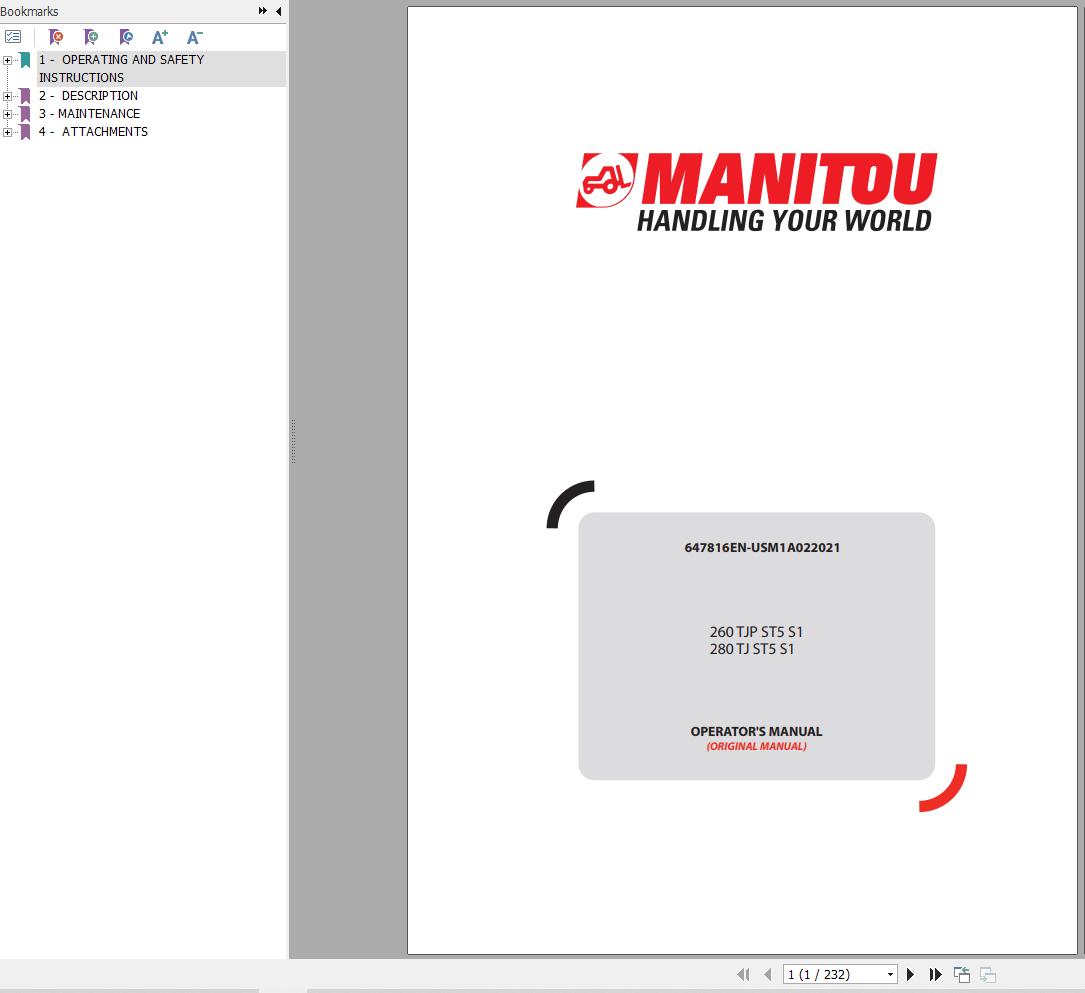 Manitou Platform 260TJPST5S1 280TJST5S1 Operators Manual 647816EN USM1A022021