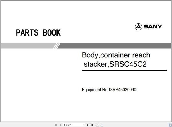 Sany Container Reach Stacker SRSC45C2 Parts Book 13RS45020090 EN 1