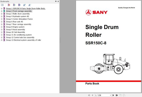 Sany Drum Roller SSR150C 8 Parts Book YZ1115CB1102 EN