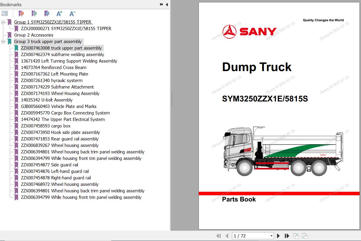 Sany Dump Truck SYM3250ZZX1E SYM5815S Parts Book HNZX2031006341 EN
