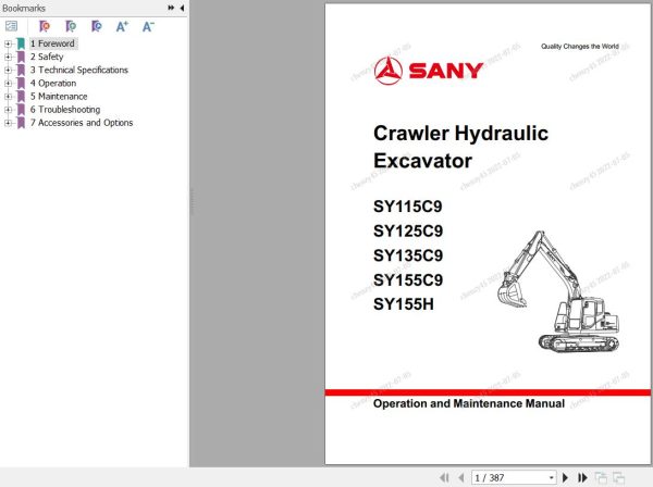 Sany Excavator SY115C9 SY125C9 SY135C9 SY155C9 SY155H Operation and Maintenance Manual EN