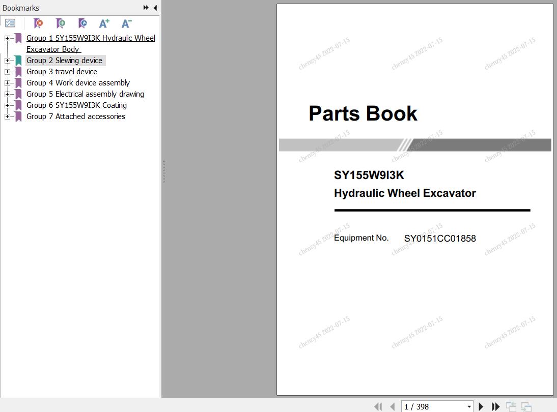 Sany Excavator SY155W Parts Book SY0151CC01858 EN