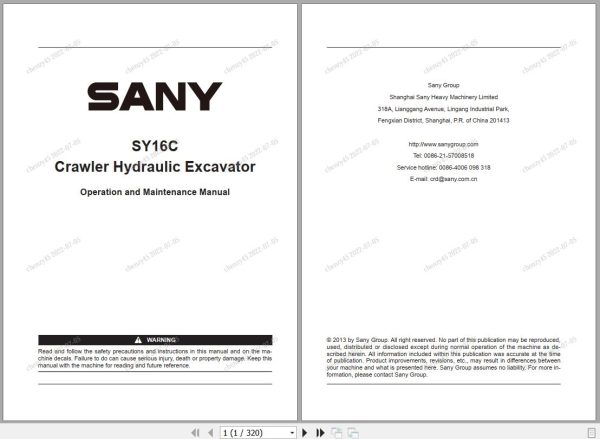 Sany Excavator SY16C Operation and Maintenance Manual EN