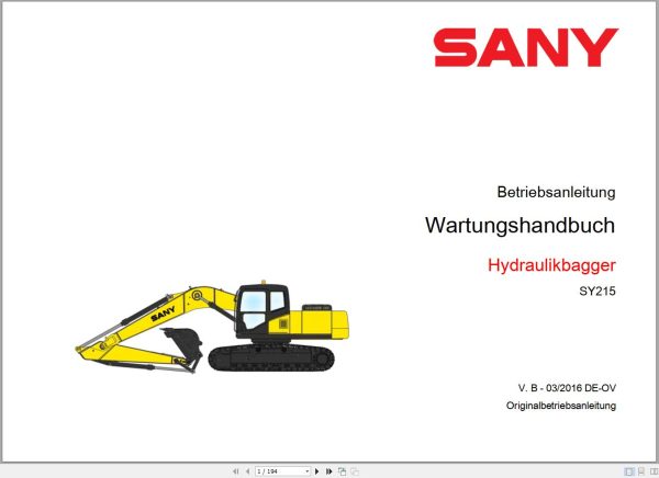 Sany Excavator SY215 Maintenance Manual and Schematic 534621 DE 1